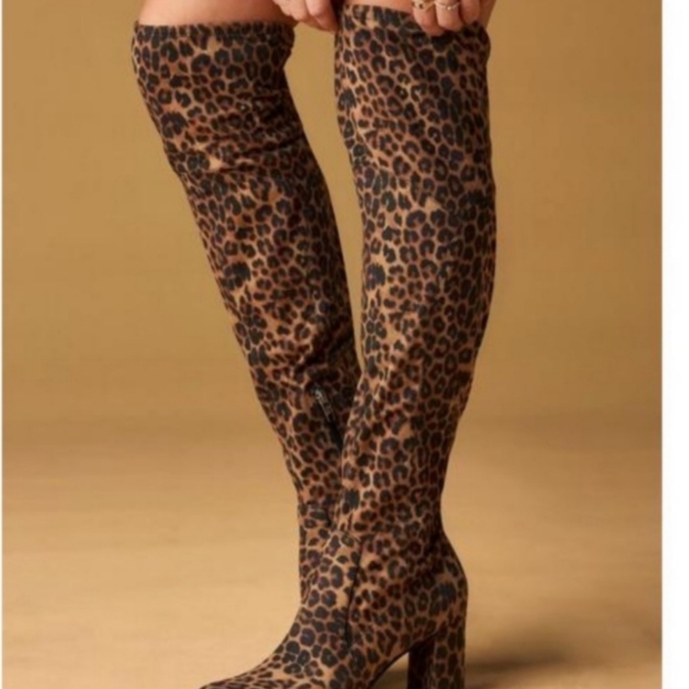 New Marc Fisher LULEY Stretch Leopard Chunky Heel Zip Over the Knee Boots sz 6 - Picture 1 of 8